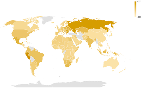 Choropleth world map showing all-cause excess mortality rate per 100,000 from 2020 to 2021 in 178 countries