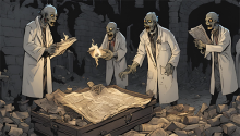 Drawing of zombie researchers taking a study from a crypt