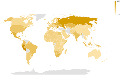 Карта мира, показывающая избыточный уровень смертности от всех причин на 100 000 человек с 2020 по 2021 год в 178 странах.